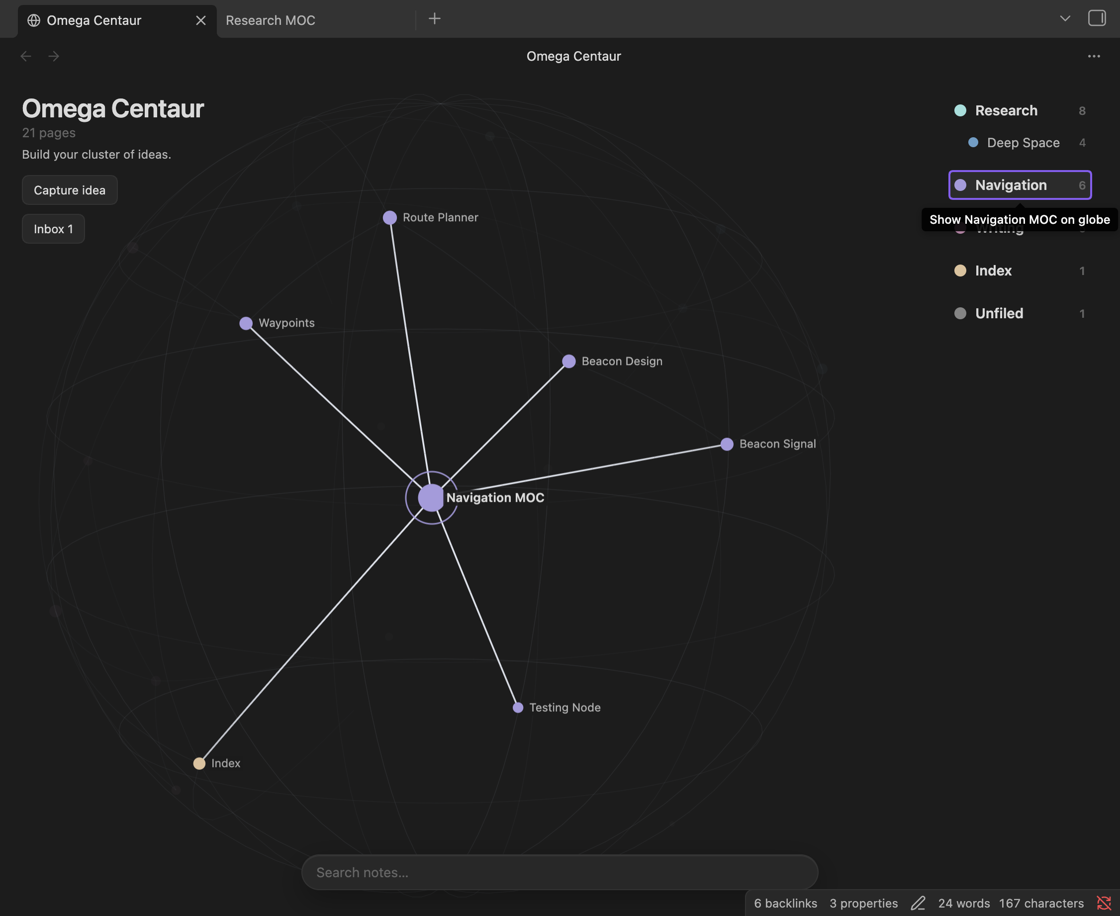 Omega Centauri in Obsidian showing a selected Navigation MOC node and its connected notes